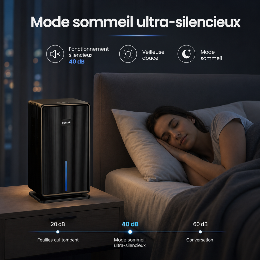 Déshumidificateur d’Air Silencieux 40 dB – Maison, Chambre et Salle de Bain