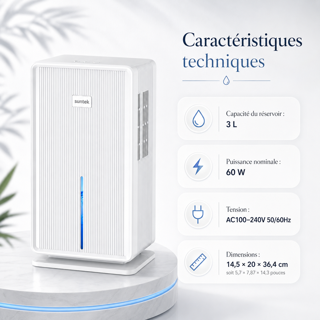 Déshumidificateur d’Air Silencieux 40 dB – Maison, Chambre et Salle de Bain