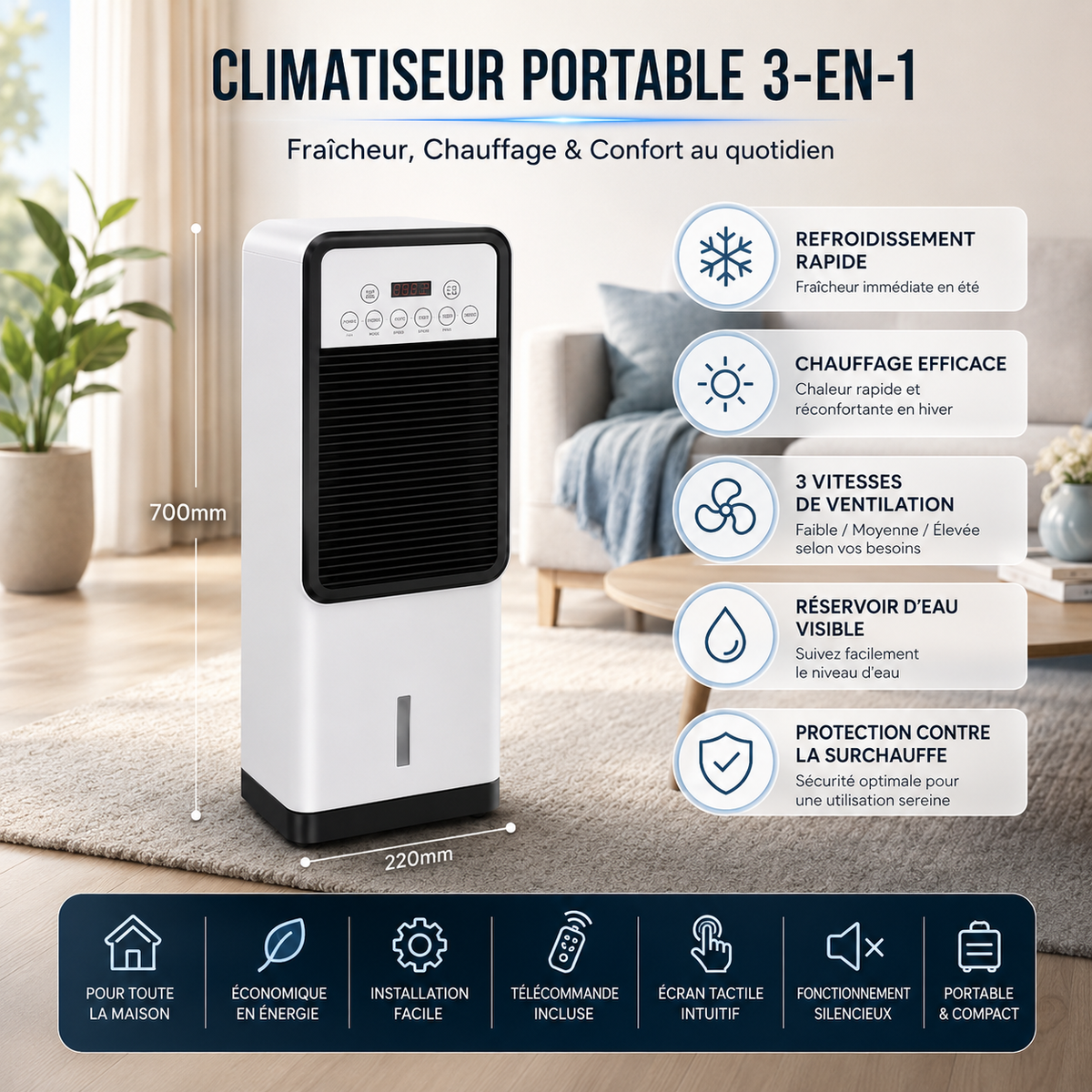 Climatiseur Mobile 3 en 1 — Refroidissement Puissant