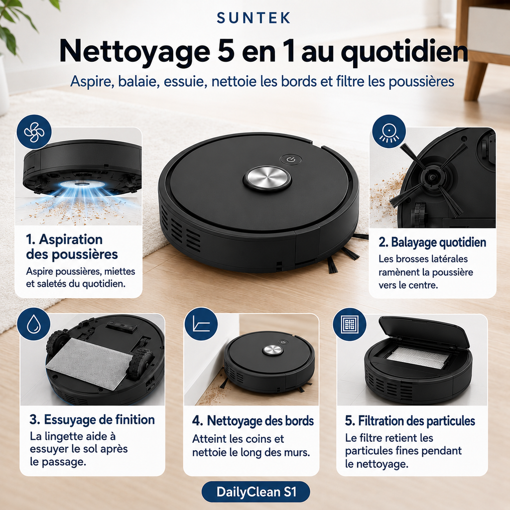 Robot Aspirateur 5 en 1 Ultra Compact | Suntek DailyClean S1